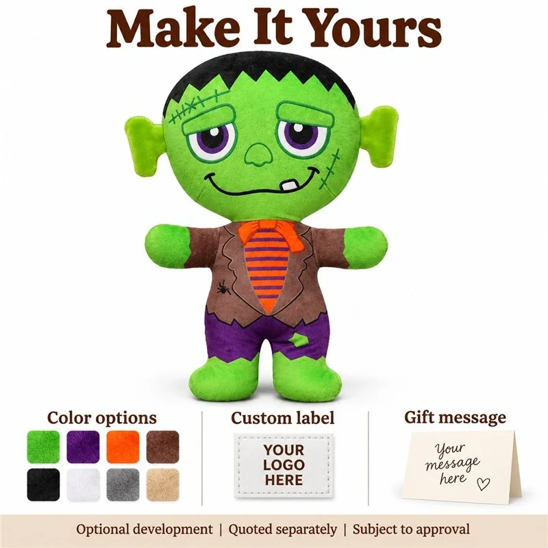 Customization concept for green halloween monster plush doll; feasibility and sample approval required.
