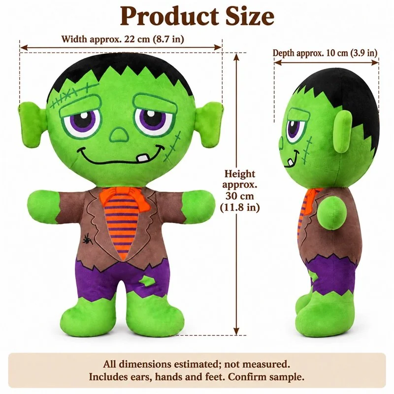 Green Halloween Monster Plush Doll — proposed size reference; dimensions require sample confirmation.