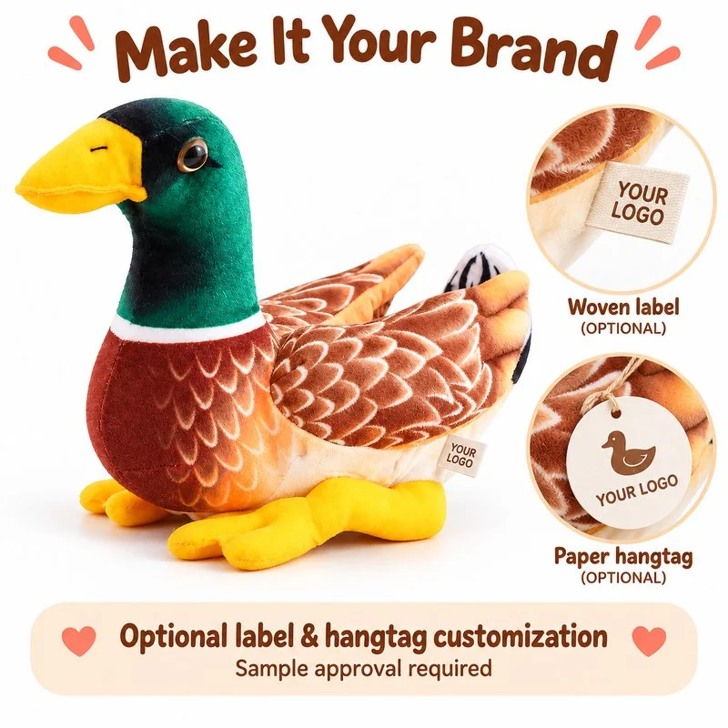 Customization concept for green head mallard duck plush; feasibility and sample approval required.