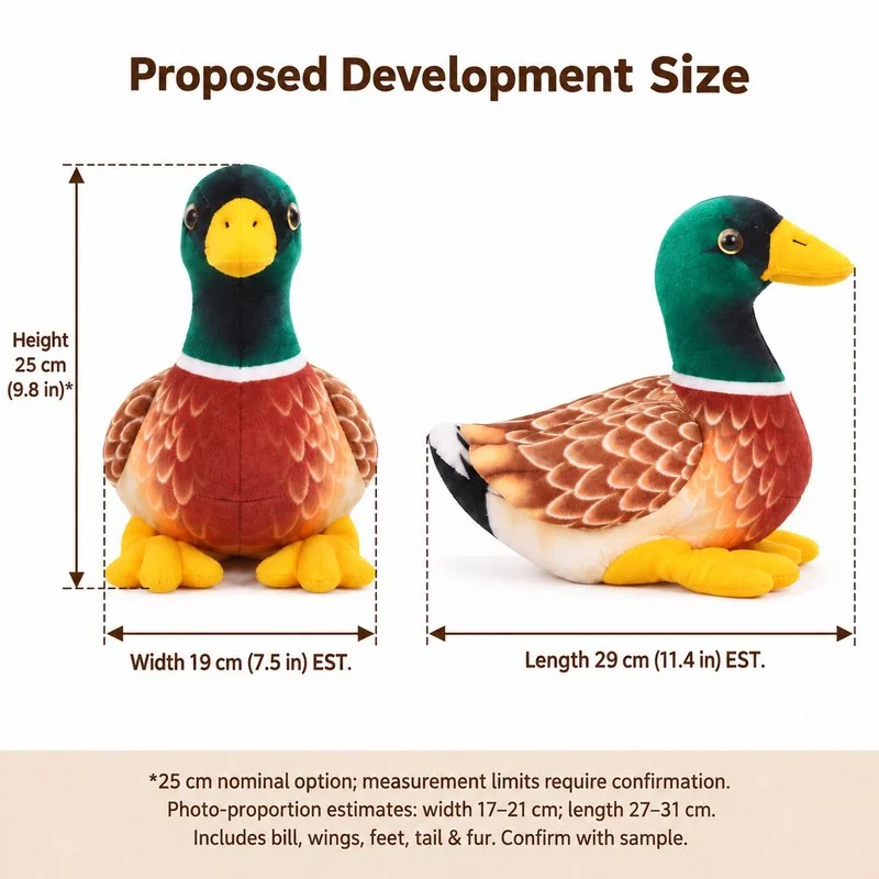 Green Head Mallard Duck Plush — proposed size reference; dimensions require sample confirmation.
