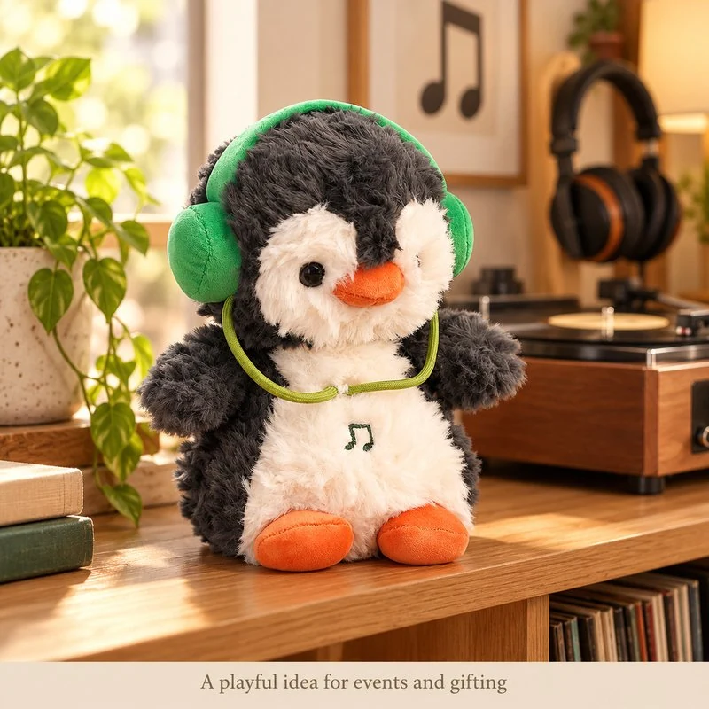 Illustrative application scene featuring green headphone penguin plush; setting is a concept.