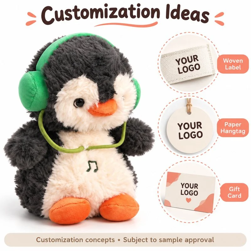 Customization concept for green headphone penguin plush; feasibility and sample approval required.