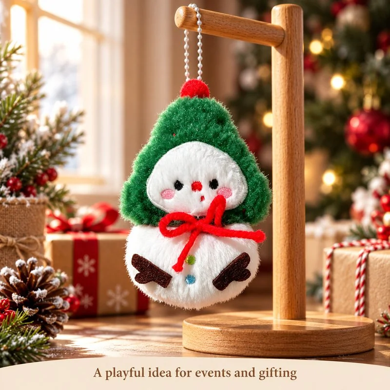 Illustrative application scene featuring green hood snowman plush charm; setting is a concept.