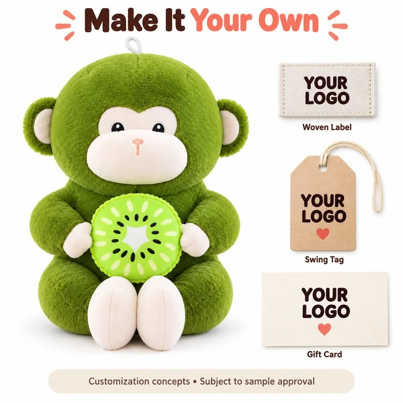 Customization concept for green kiwi monkey plush; feasibility and sample approval required.
