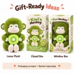 Green Kiwi Monkey Plush — optional packaging concept; final artwork, fit and quotation require confirmation.
