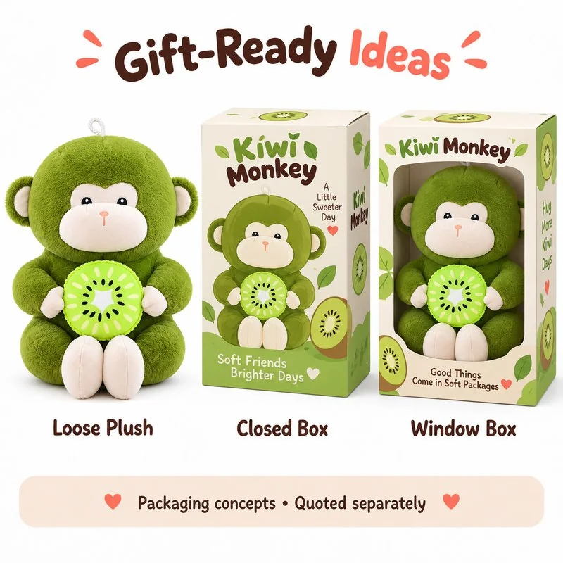 Green Kiwi Monkey Plush — optional packaging concept; final artwork, fit and quotation require confirmation.