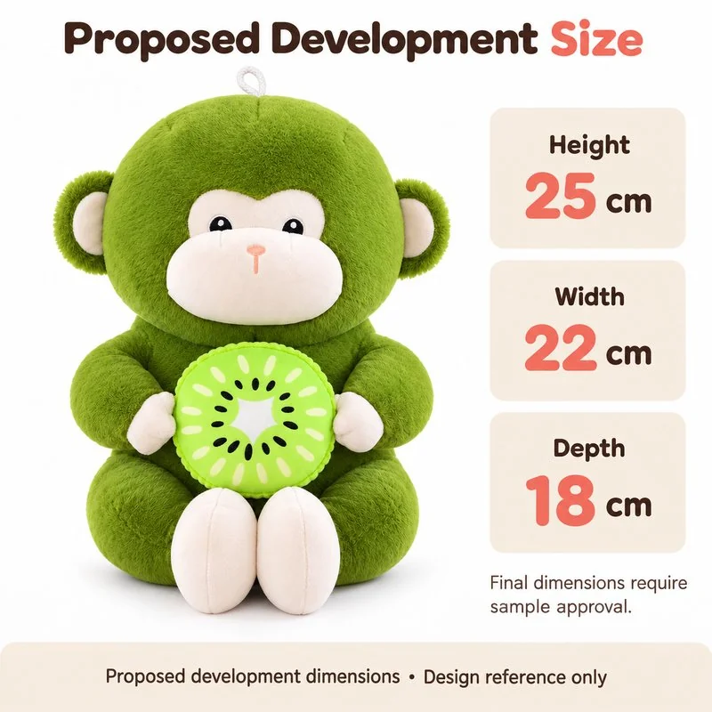 Green Kiwi Monkey Plush — proposed size reference; dimensions require sample confirmation.