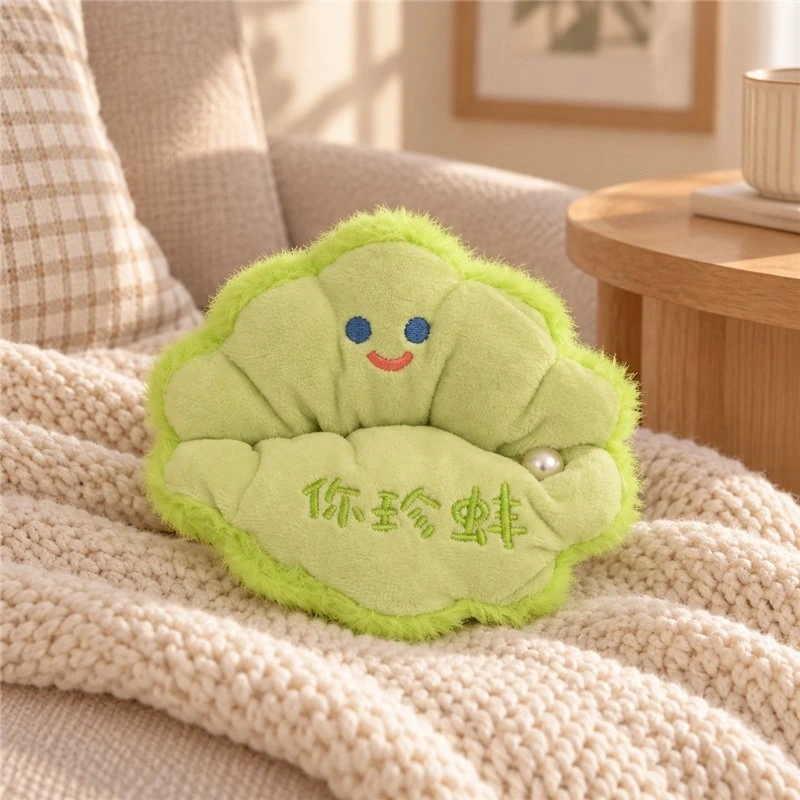 Illustrative application scene featuring green pearl clam plush; setting is a concept.