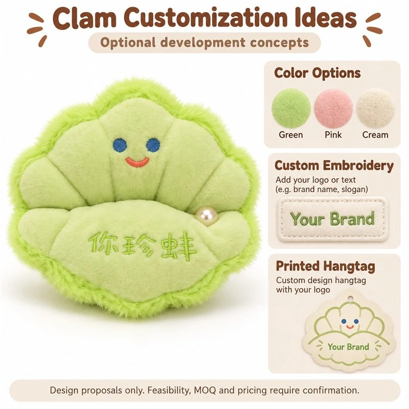 Customization concept for green pearl clam plush; feasibility and sample approval required.