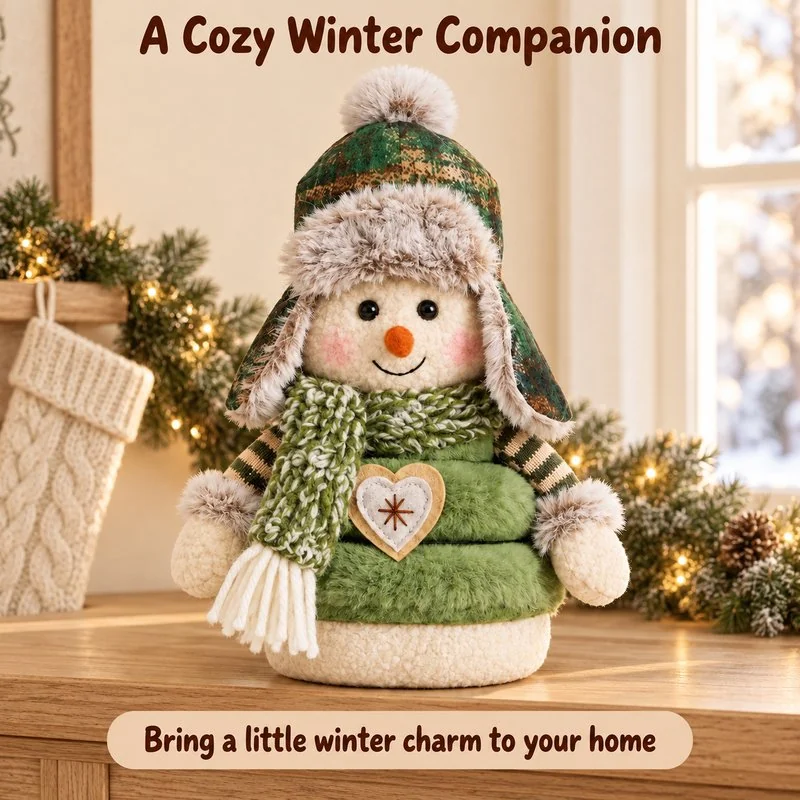 Illustrative application scene featuring green plaid hat snowman plush; setting is a concept.