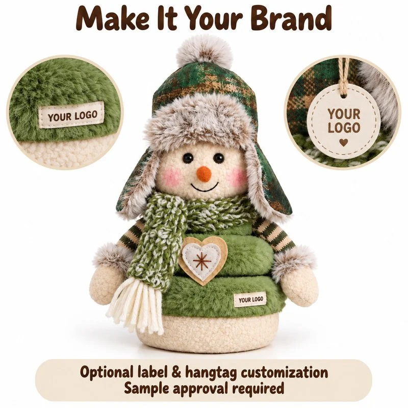 Customization concept for green plaid hat snowman plush; feasibility and sample approval required.