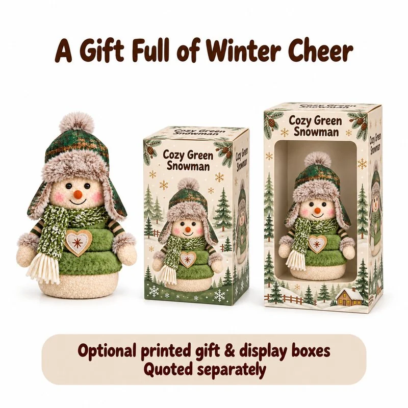 Green Plaid Hat Snowman Plush — optional packaging concept; final artwork, fit and quotation require confirmation.