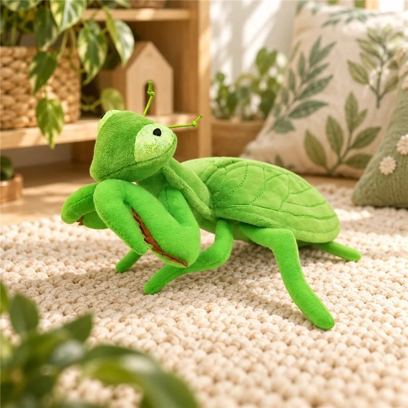 Illustrative application scene featuring green praying mantis plush toy; setting is a concept.