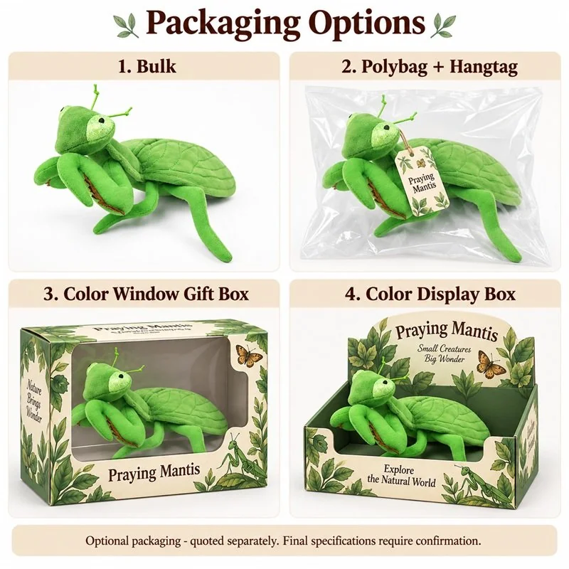 Green Praying Mantis Plush Toy — packaging concept
