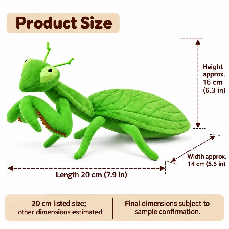 Green Praying Mantis Plush Toy — proposed dimensions — confirm with sample