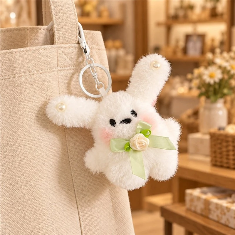 Illustrative application scene featuring green ribbon white bunny plush keychain; setting is a concept.