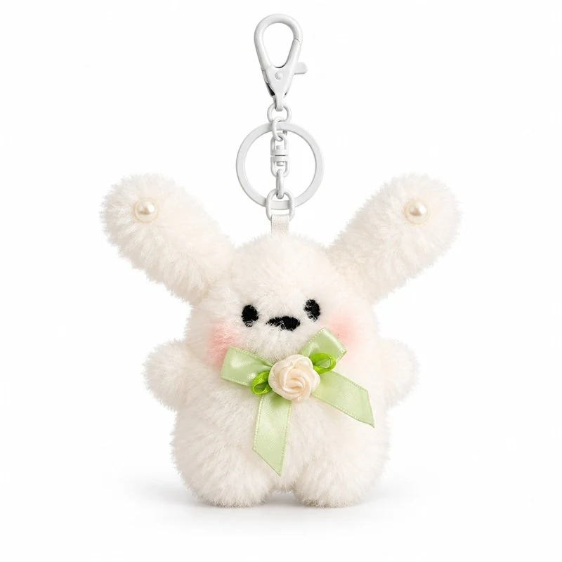 Green Ribbon White Bunny Plush Keychain