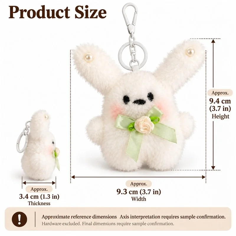 Green Ribbon White Bunny Plush Keychain — proposed size reference; dimensions require sample confirmation.