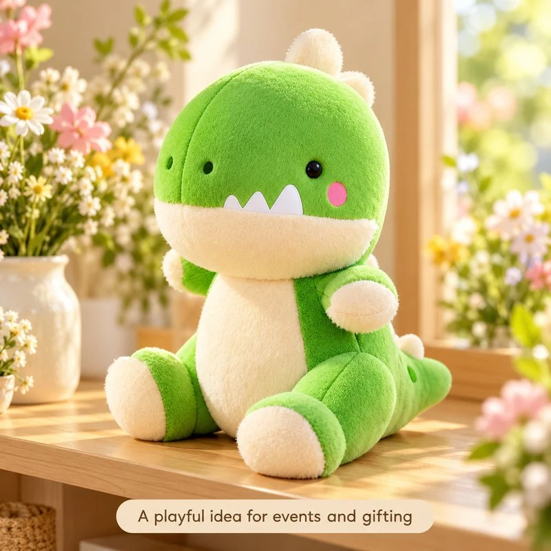 Illustrative application scene featuring green round head dinosaur plush; setting is a concept.