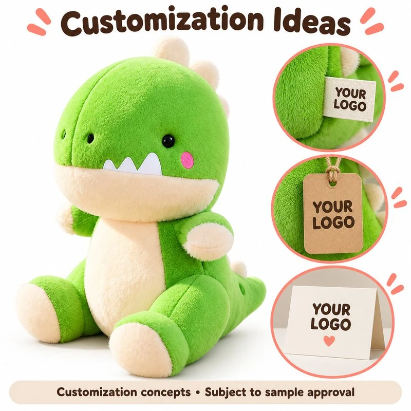Customization concept for green round head dinosaur plush; feasibility and sample approval required.