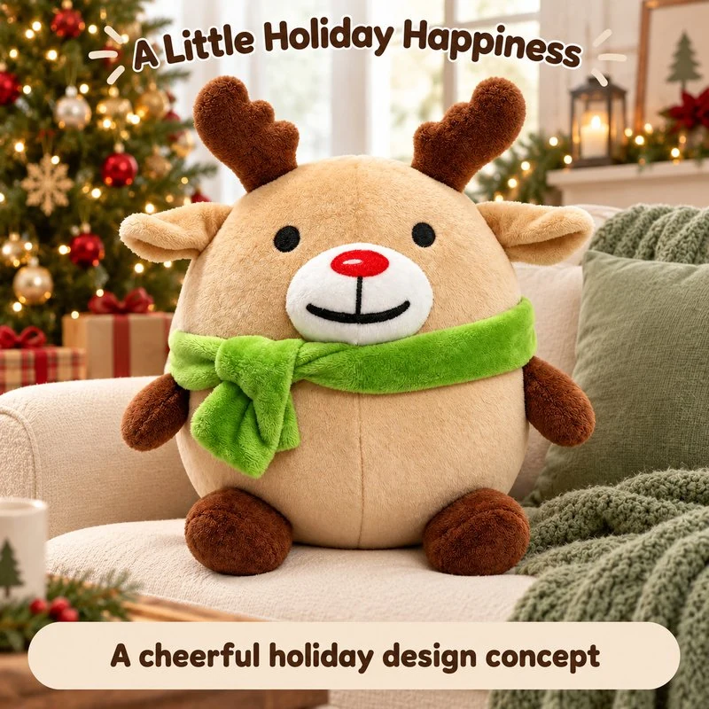 Illustrative application scene featuring green scarf reindeer plush; setting is a concept.
