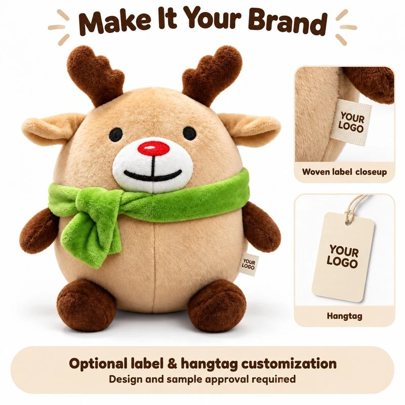 Customization concept for green scarf reindeer plush; feasibility and sample approval required.