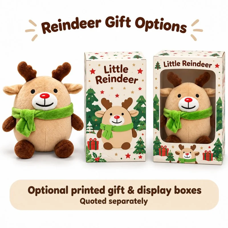 Green Scarf Reindeer Plush — optional packaging concept; final artwork, fit and quotation require confirmation.