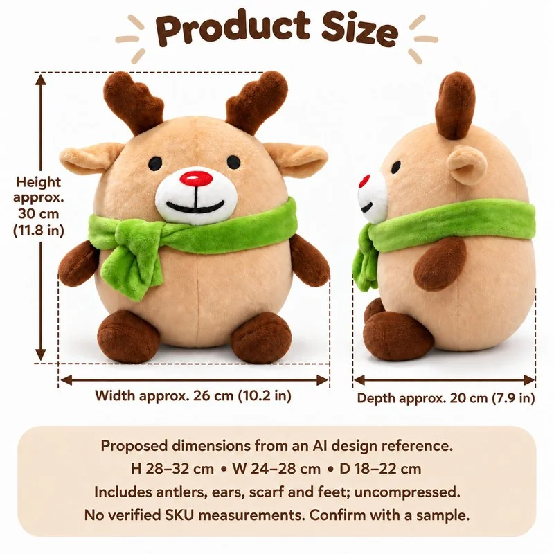 Green Scarf Reindeer Plush — proposed size reference; dimensions require sample confirmation.