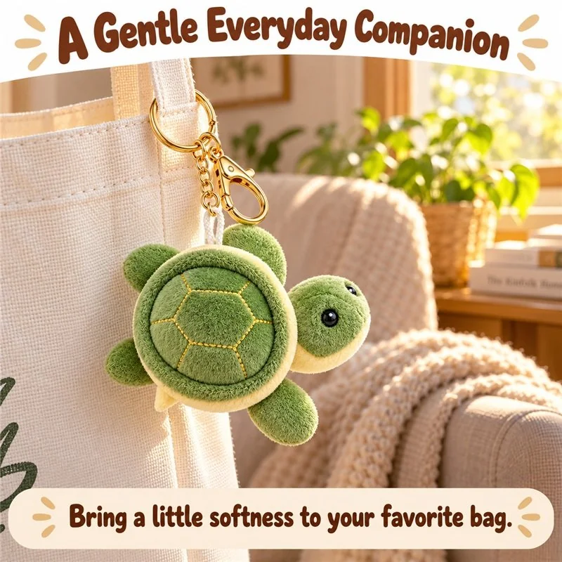 Illustrative application scene featuring green sea turtle plush keychain; setting is a concept.