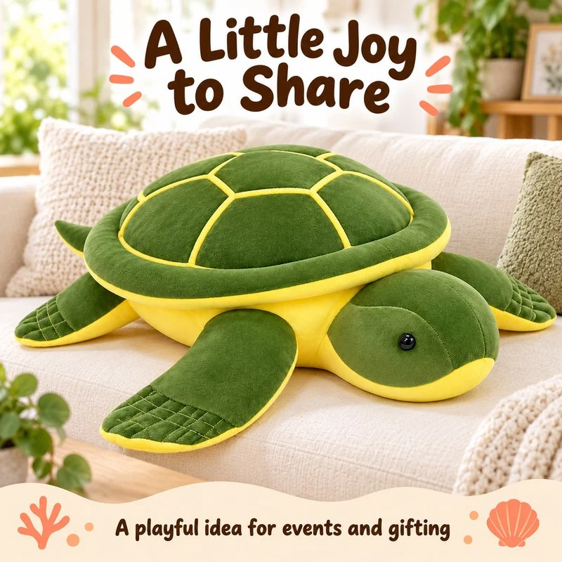 Illustrative application scene featuring green sea turtle plush pillow; setting is a concept.