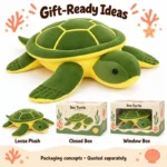 Green Sea Turtle Plush Pillow — optional packaging concept; final artwork, fit and quotation require confirmation.