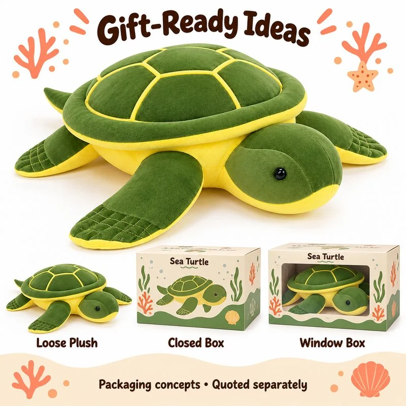 Green Sea Turtle Plush Pillow — optional packaging concept; final artwork, fit and quotation require confirmation.