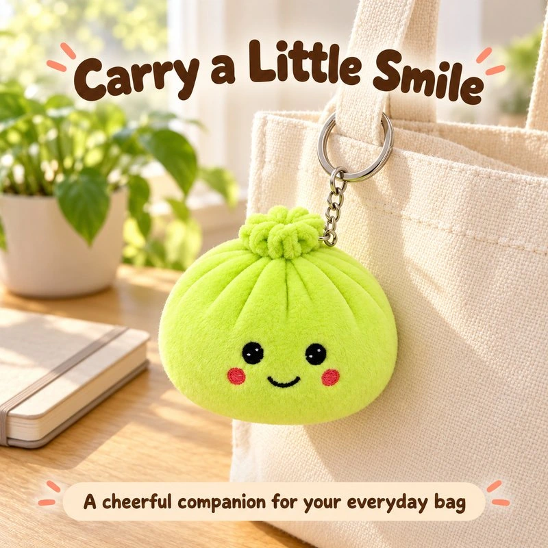 Illustrative application scene featuring green smiling bun plush keychain; setting is a concept.