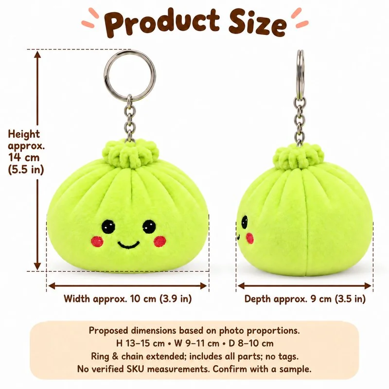 Green Smiling Bun Plush Keychain — proposed size reference; dimensions require sample confirmation.