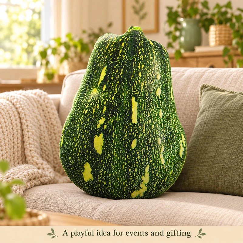 Illustrative application scene featuring green speckled gourd plush pillow; setting is a concept.