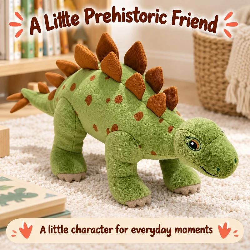 Illustrative application scene featuring green stegosaurus plush; setting is a concept.