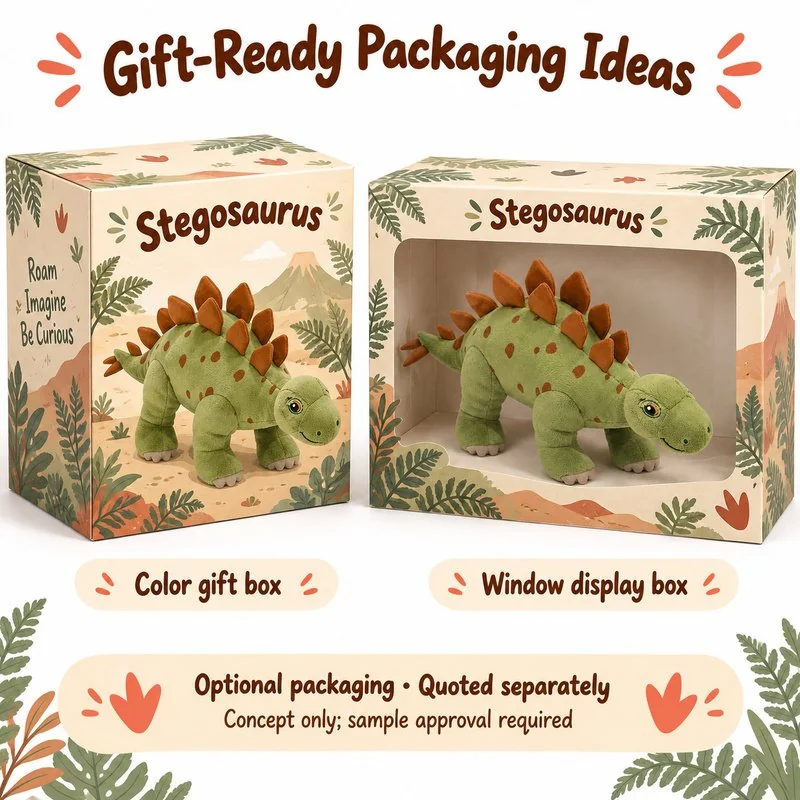 Green Stegosaurus Plush — optional packaging concept; final artwork, fit and quotation require confirmation.