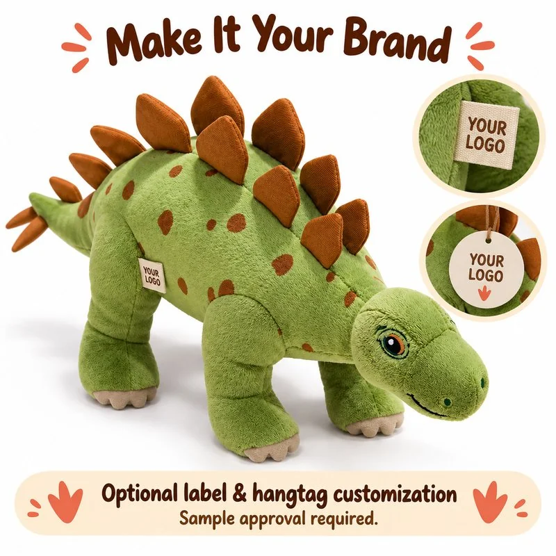 Private-label concept for green stegosaurus plush, showing proposed brand label and hangtag options; sample approval required.
