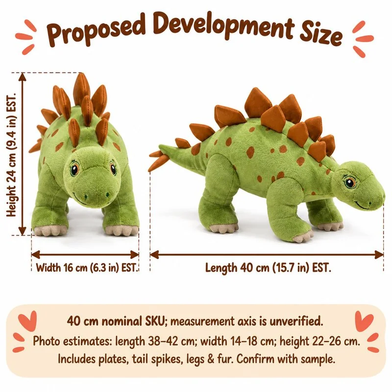 Green Stegosaurus Plush — proposed size reference; dimensions require sample confirmation.