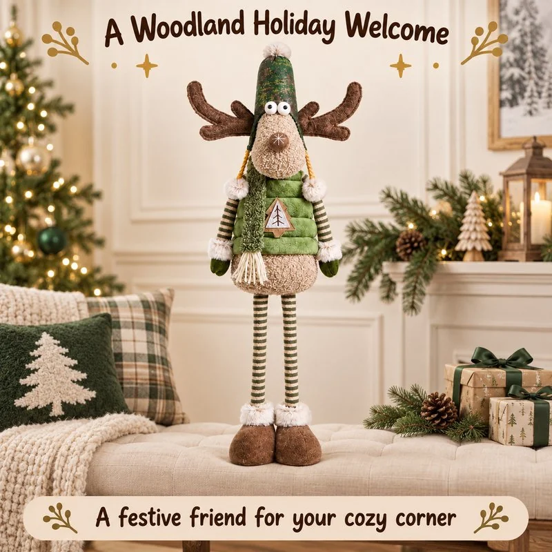 Illustrative application scene featuring green striped leg reindeer plush; setting is a concept.