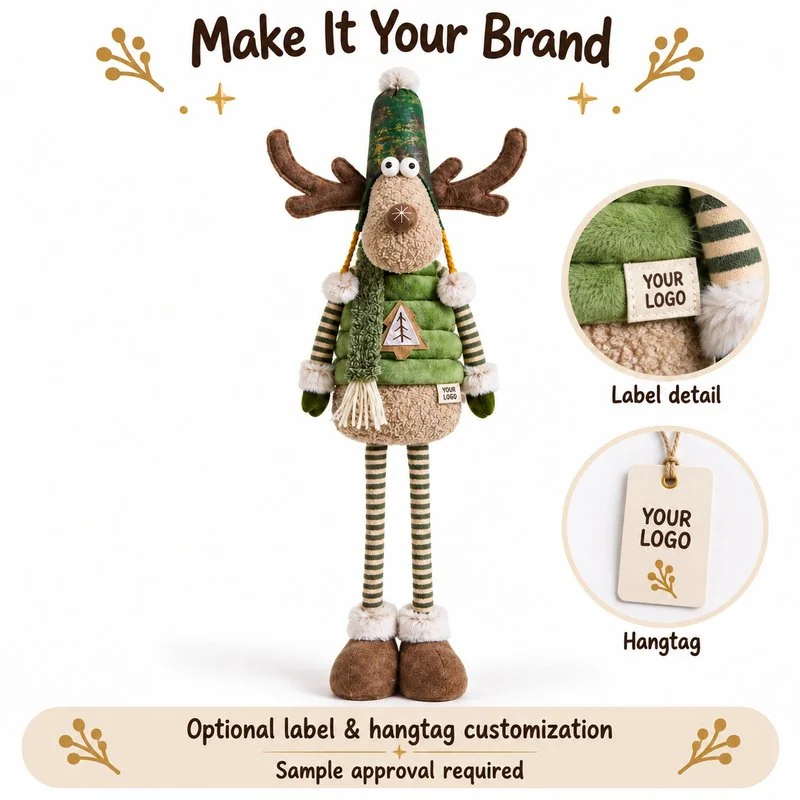 Customization concept for green striped leg reindeer plush; feasibility and sample approval required.