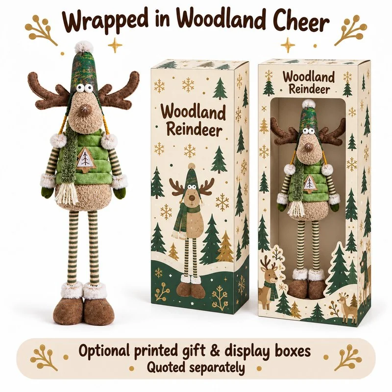 Green Striped Leg Reindeer Plush — optional packaging concept; final artwork, fit and quotation require confirmation.