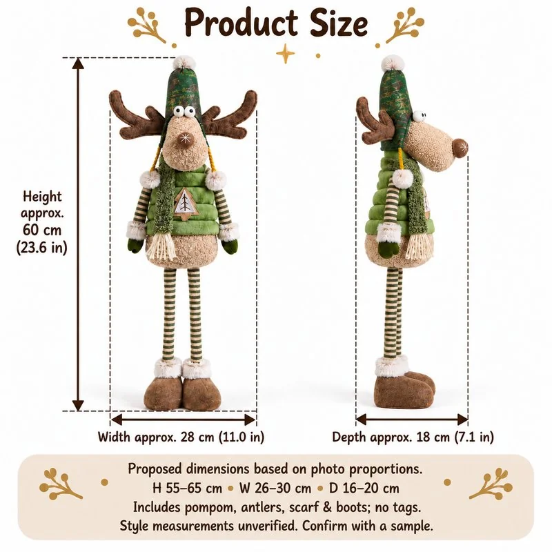 Green Striped Leg Reindeer Plush — proposed size reference; dimensions require sample confirmation.