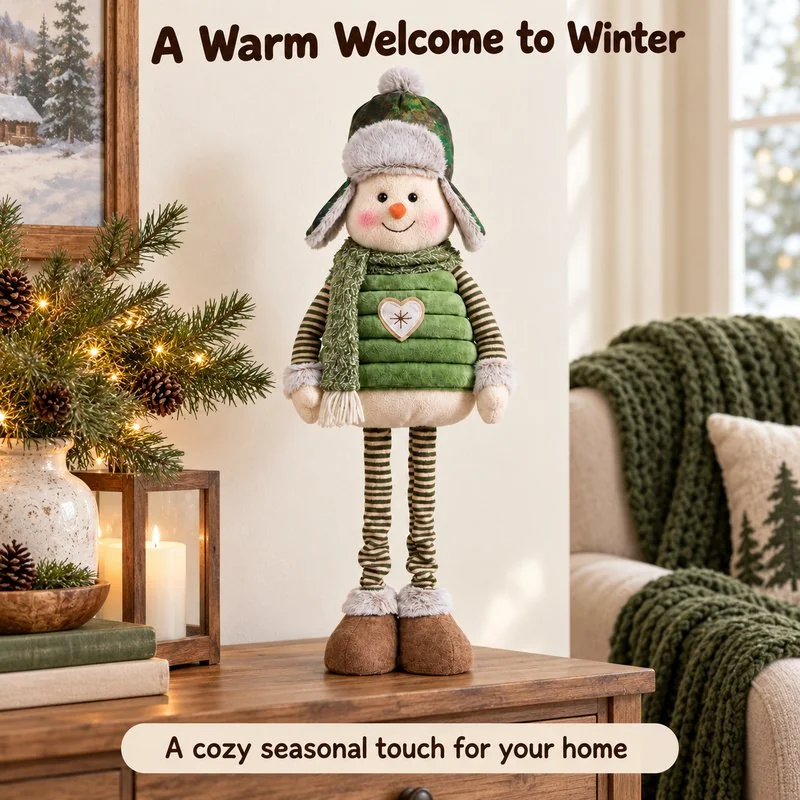 Illustrative application scene featuring green striped leg snowman plush; setting is a concept.