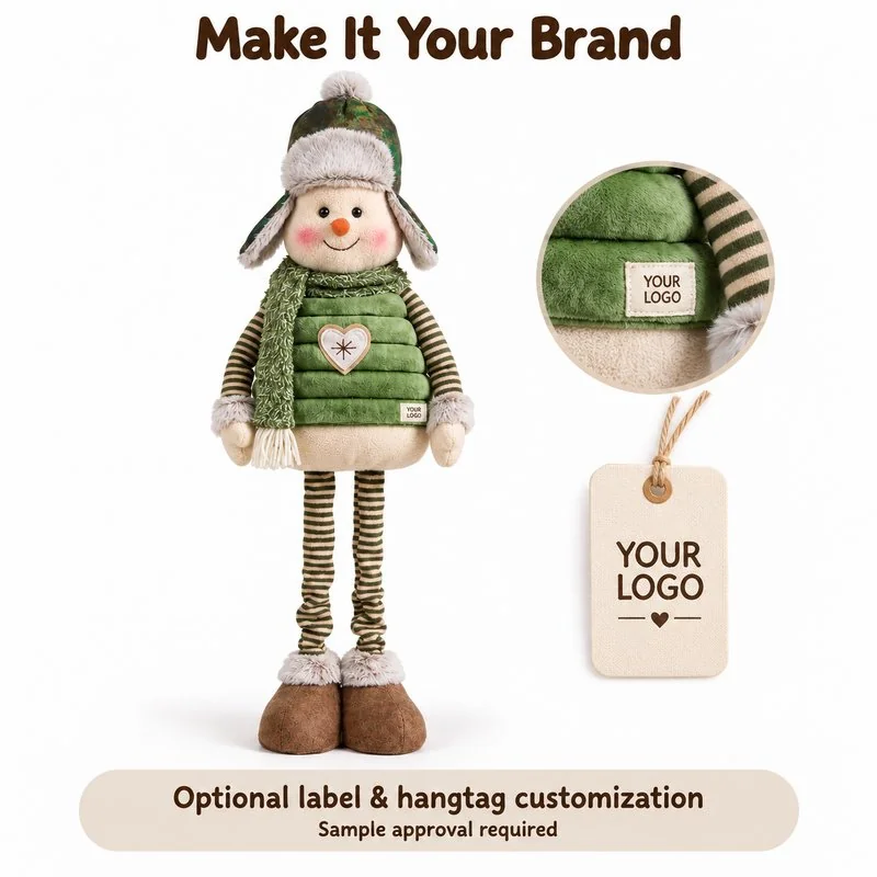 Customization concept for green striped leg snowman plush; feasibility and sample approval required.