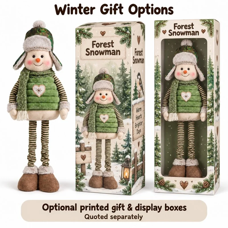 Green Striped Leg Snowman Plush — optional packaging concept; final artwork, fit and quotation require confirmation.