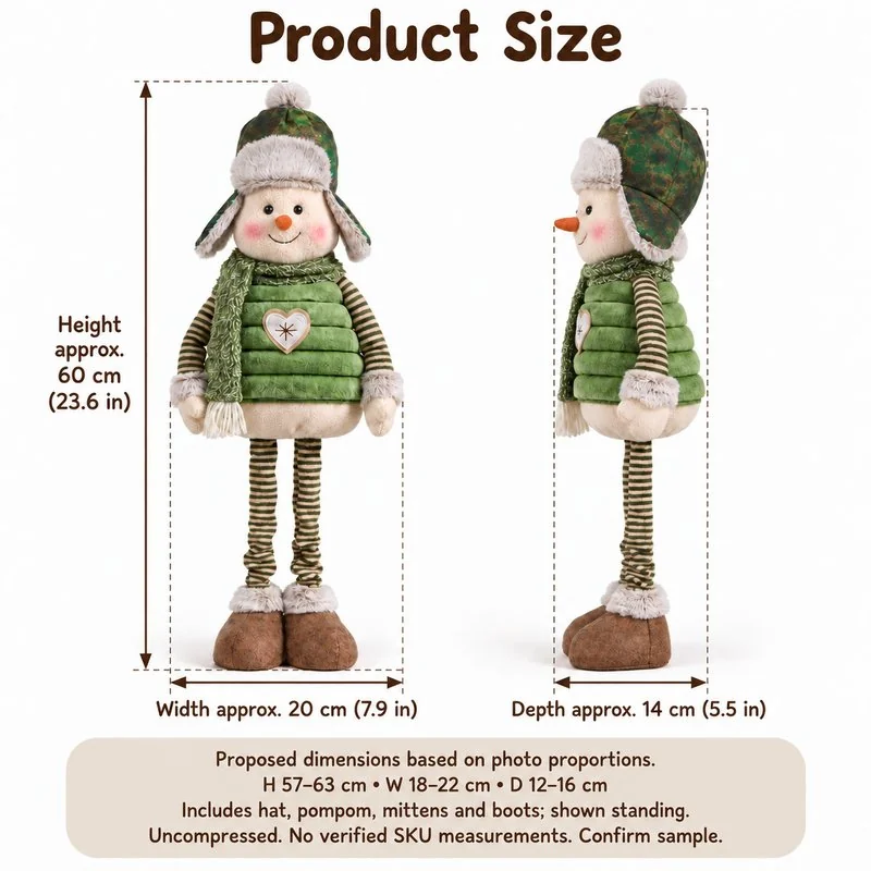 Green Striped Leg Snowman Plush — proposed size reference; dimensions require sample confirmation.