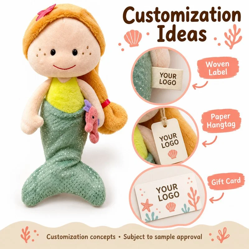 Customization concept for green tail mermaid cloth doll; feasibility and sample approval required.