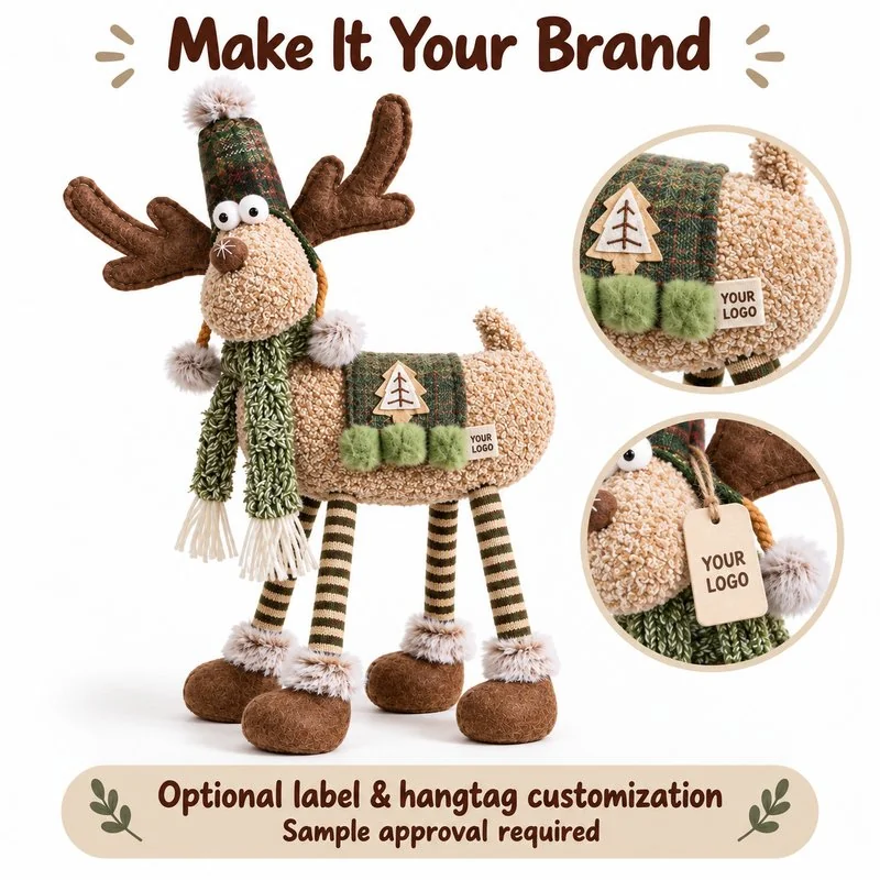 Customization concept for green woodland four leg reindeer plush; feasibility and sample approval required.