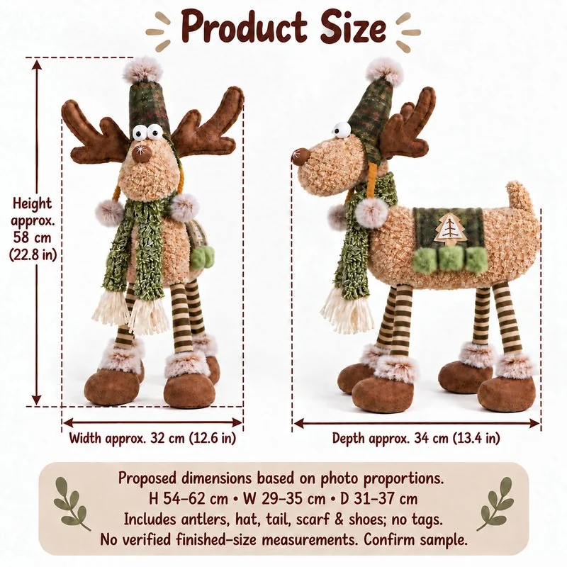 Green Woodland Four Leg Reindeer Plush — proposed size reference; dimensions require sample confirmation.
